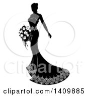 Poster, Art Print Of Silhouetted Black And White Bride In Her Dress Holding A Bouquet