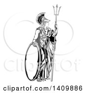 Poster, Art Print Of Black And White Engraved Athena Britannia With A Trident And Shield
