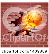 Poster, Art Print Of 3d Flying And Blazing Basketball With A Trail Of Flames Breaking Through A Brick Wall