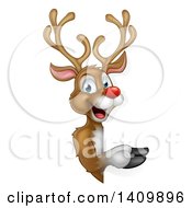 Clipart Of A Happy Rudolph Red Nosed Reindeer Pointing Around A Sign Royalty Free Vector Illustration