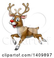 Clipart Of A Happy Rudolph Red Nosed Reindeer Running Or Flying Royalty Free Vector Illustration