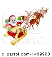 Poster, Art Print Of Team Of Magic Reindeer Flying Santa In A Sleigh
