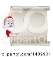Clipart Of A Cartoon Happy Christmas Santa Claus Pointing Around A Scroll Sign Royalty Free Vector Illustration