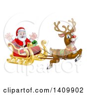 Poster, Art Print Of Red Nosed Reindeer Rudolph Flying Santa In A Sleigh