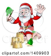 Clipart Of A Cartoon Happy Christmas Santa Claus Making A Sand Castle Royalty Free Vector Illustration