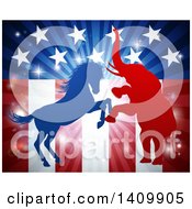 Clipart Of A Silhouetted Political Aggressive Democratic Donkey Or Horse And Republican Elephant Battling Over An American Flag And Burst Royalty Free Vector Illustration