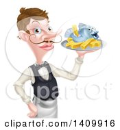 Clipart Of A White Male Waiter Or Butler With A Curling Mustache Holding Fish And A Chips On A Tray And Pointing Royalty Free Vector Illustration
