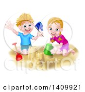 Poster, Art Print Of Happy White Boy And Girl Playing And Making Sand Castles On A Beach