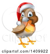 Clipart Of A Cheerful Christmas Robin In A Santa Hat Royalty Free Vector Illustration