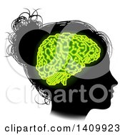 Poster, Art Print Of Black Silhouetted Girls Head In Profile With Green Glowing Circuit Brain