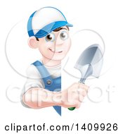 Poster, Art Print Of Happy Young Brunette White Male Gardener In Blue Holding A Shovel Around A Sign