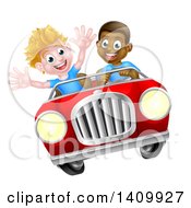 Clipart Of A Happy Black Boy Driving A White Boy And Catching Air In A Convertible Car Royalty Free Vector Illustration