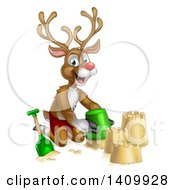 Poster, Art Print Of Happy Rudolph Red Nosed Reindeer Making A Sand Castle