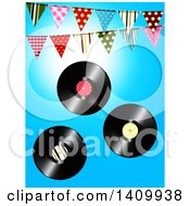 Poster, Art Print Of 3d Vinyl Records And Patterned Bunting Banners Against Blue Sky