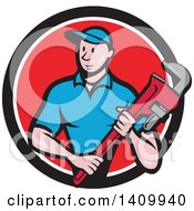 Poster, Art Print Of Retro Cartoon White Male Plumber Holding A Monkey Wrench In A Black White And Red Circle