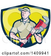 Poster, Art Print Of Retro Cartoon White Male Plumber Holding A Monkey Wrench In A Blue And Yellow Shield