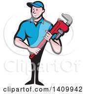 Clipart Of A Retro Cartoon White Male Plumber Holding A Monkey Wrench Royalty Free Vector Illustration