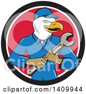 Poster, Art Print Of Retro Cartoon Bald Eagle Mechanic Man Holding A Spanner Wrench In A Black White And Red Circle