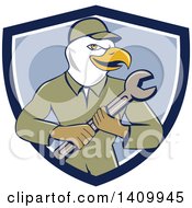 Poster, Art Print Of Retro Cartoon Bald Eagle Mechanic Man Holding A Spanner Wrench In A Blue And White Shield
