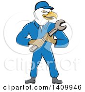 Poster, Art Print Of Retro Cartoon Bald Eagle Mechanic Man Holding A Spanner Wrench