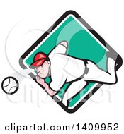 Poster, Art Print Of Retro Cartoon White Male Baseball Player Pitching Emerging From A Turquoise White And Black Diamond