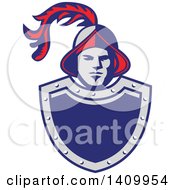 Retro Spanish Conquistador Head With A Plume Over A Gray And Blue Shield