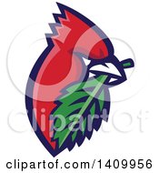 Retro Cartoon Red Cardinal Bird With A Leaf In His Mouth