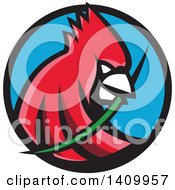 Retro Cartoon Red Cardinal Bird With A Blade Of Grass In His Mouth
