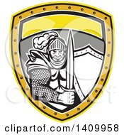 Poster, Art Print Of Retro Knight In Full Armor Holding Sword And Shield Inside A Shield