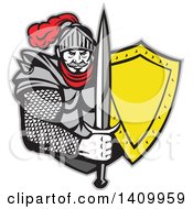 Retro Knight In Full Armor Holding Sword And Shield