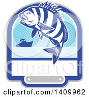 Retro Jumping Sheepshead Fish Over A Silhouetted Boat And Text Space