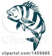 Poster, Art Print Of Retro Teal And White Jumping Sheepshead Fish