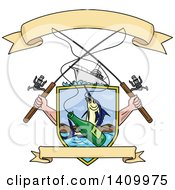 Clipart Of A Sketched Crossed Arms Holding Fishing Rods Over A Shield With A Marlin Fish And Beer Bottle Over Water Royalty Free Vector Illustration by patrimonio