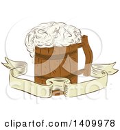 Poster, Art Print Of Retro Sketched Medieval Wooden Beer Mug With Froth Over A Ribbon Banner