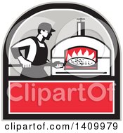 Poster, Art Print Of Retro Pizza Chef Holding A Peel With A Pie In Front Of A Wood Fired Oven In A Black Gray White And Red Crest