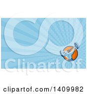 Clipart Of A Retro Bodybuilder Swinging A Barbell And Blue Rays Background Or Business Card Design Royalty Free Illustration