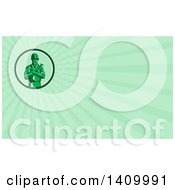Clipart Of A Retro Green Toy Male Carpenter Or Builder With Folded Arms Holding A Hammer And Green Rays Background Or Business Card Design Royalty Free Illustration