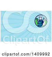Clipart Of A Retro Male Golfer Stretching With A Club Over His Shoulders And Blue Rays Background Or Business Card Design Royalty Free Illustration by patrimonio