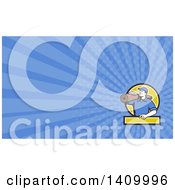 Clipart Of A Retro Male Carpet Layer Carrying A Roll And Blue Rays Background Or Business Card Design Royalty Free Illustration