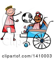 Doodled Disabled Boy And Friend Playing Soccer