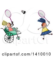 Clipart Of A Doodled Disabled Child And Friend Playing Badminton Royalty Free Vector Illustration by Prawny