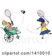 Doodled Disabled Child And Friend Playing Badminton