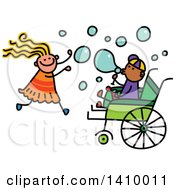 Poster, Art Print Of Doodled Disabled Boy And Girl Playing And Blowing Bubbles