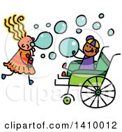 Poster, Art Print Of Doodled Disabled Boy And Girl Playing And Blowing Bubbles