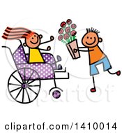 Poster, Art Print Of Doodled Disabled Girl Receiving Flowers From A Boy