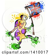 Clipart Of A Coliorful Doodled Monster With Splatters Carrying A Union Jack Flag On A White Background Royalty Free Illustration