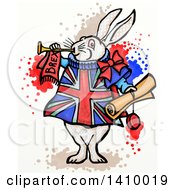 Clipart Of A Doodled White Herald Rabbit Holding A Scroll And Blowing A Trumpet Wearing A British Brexit Outfit Royalty Free Illustration by Prawny