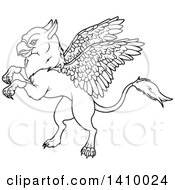 Poster, Art Print Of Black And White Lineart Cute Griffin Mythical Creature Rearing Or Flying