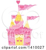 Poster, Art Print Of Pink Fairy Tale Castle With Heart Flags
