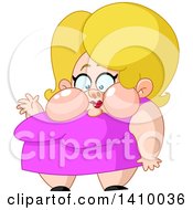 Poster, Art Print Of Fat Blond Caucasian Woman With Chubby Cheeks Wearing A Pink Dress And Waving